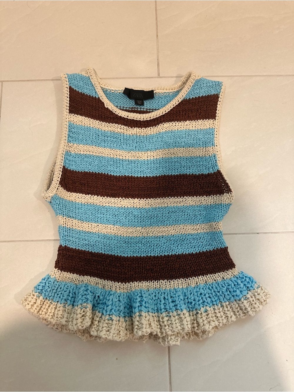 Zara Cream, Brown & Bright Blue Striped Knit Top